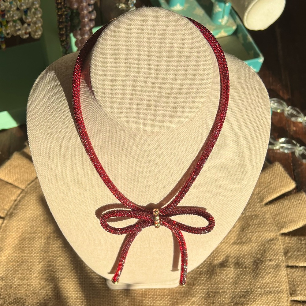 Red rhinestone bow necklace